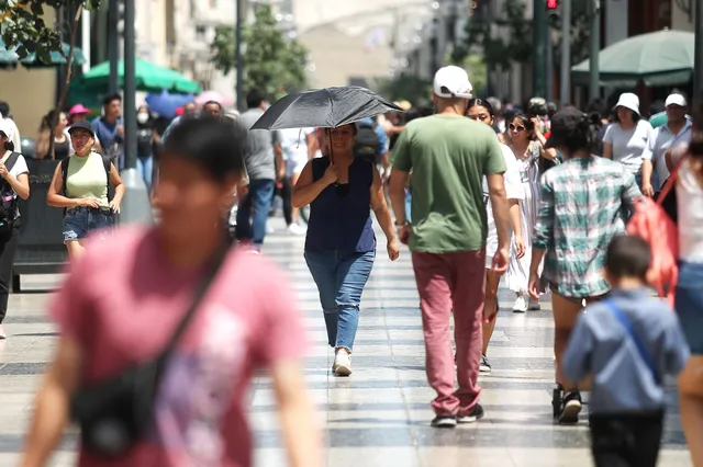 Una mujer camina con una sombrilla para protegerse del sol entre peatones en una calle peatonal.