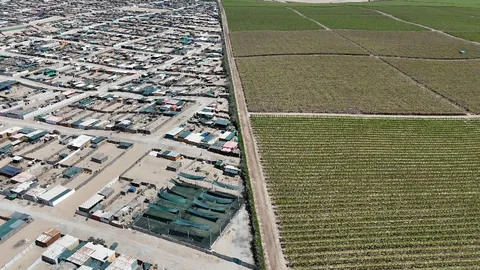 Villa Rotary y los campos agroexportadores se separan por una línea de tierra