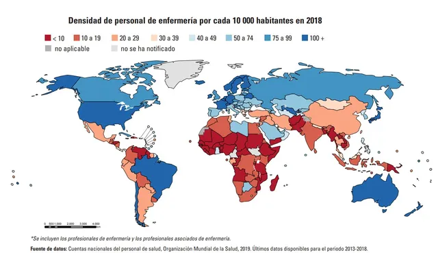 Densidad de personal de enfermería por cada 10000 habitantes en 2018