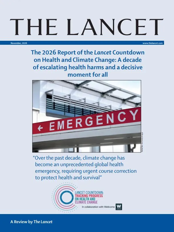 Portada del informe Lancet Countdown 2026, que advierte sobre el aumento de los daños del cambio climático a la salud y la urgencia de actuar.