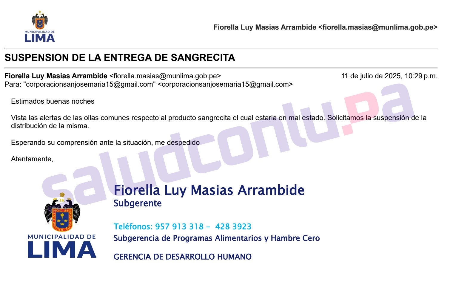 MML Suspensión de la entrega de sangre de pollo