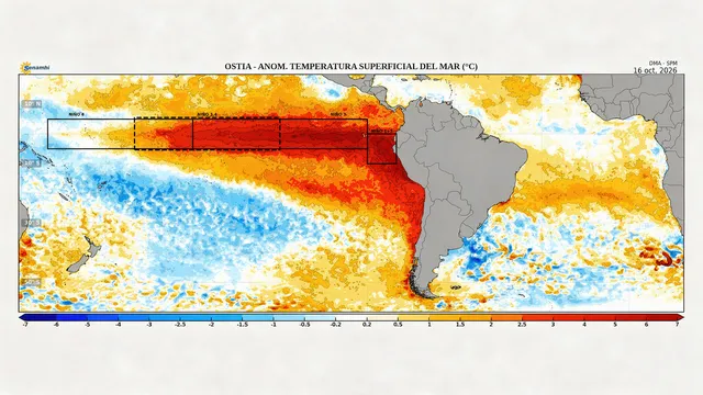 El calentamiento del océano Pacífico al 16 de octubre de 2026. Los tonos rojos indican temperaturas del mar superiores a lo habitual.