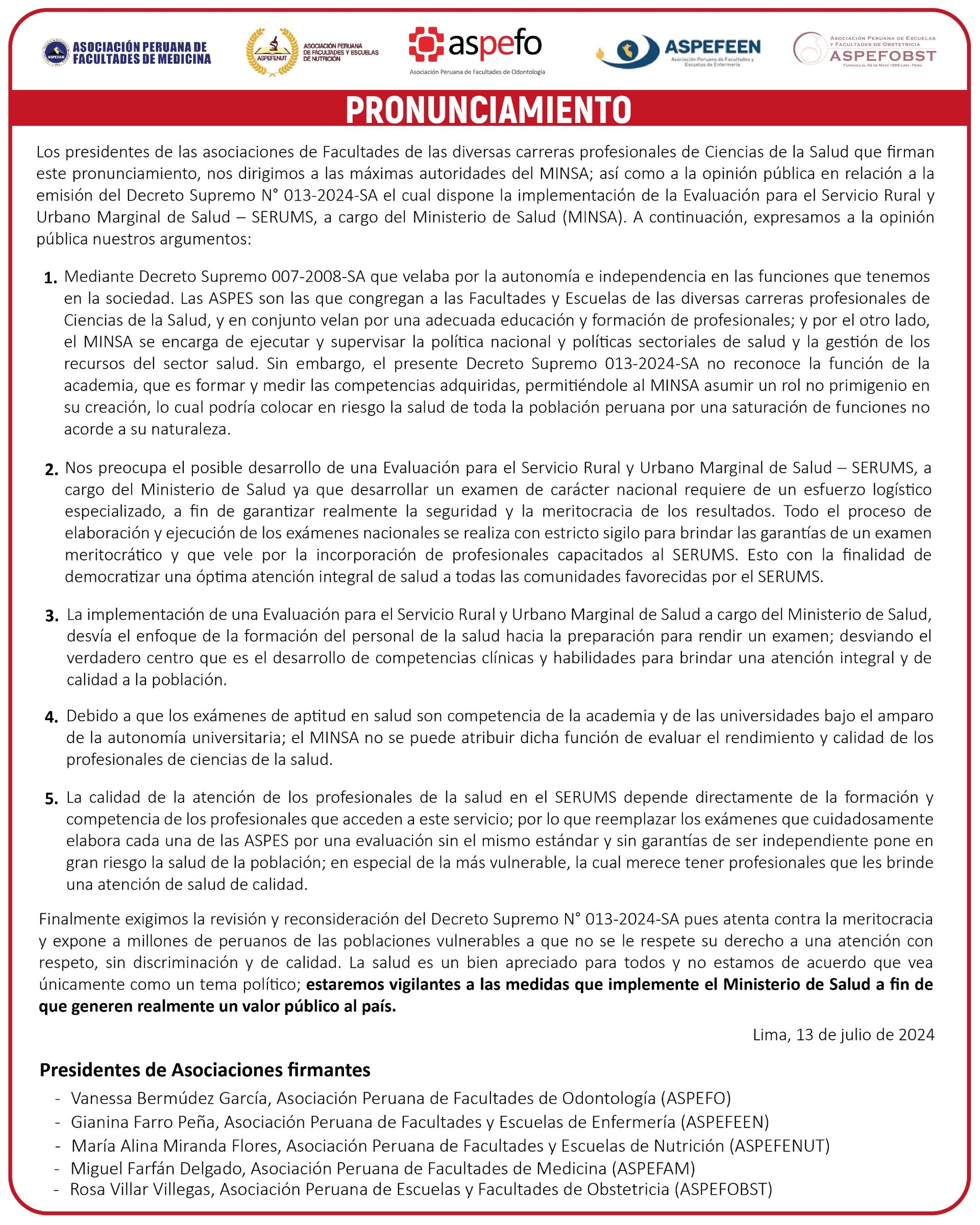 Pronunciamiento de Asociaciones de facultades de ciencias de la salud, 13 de julio de 2024