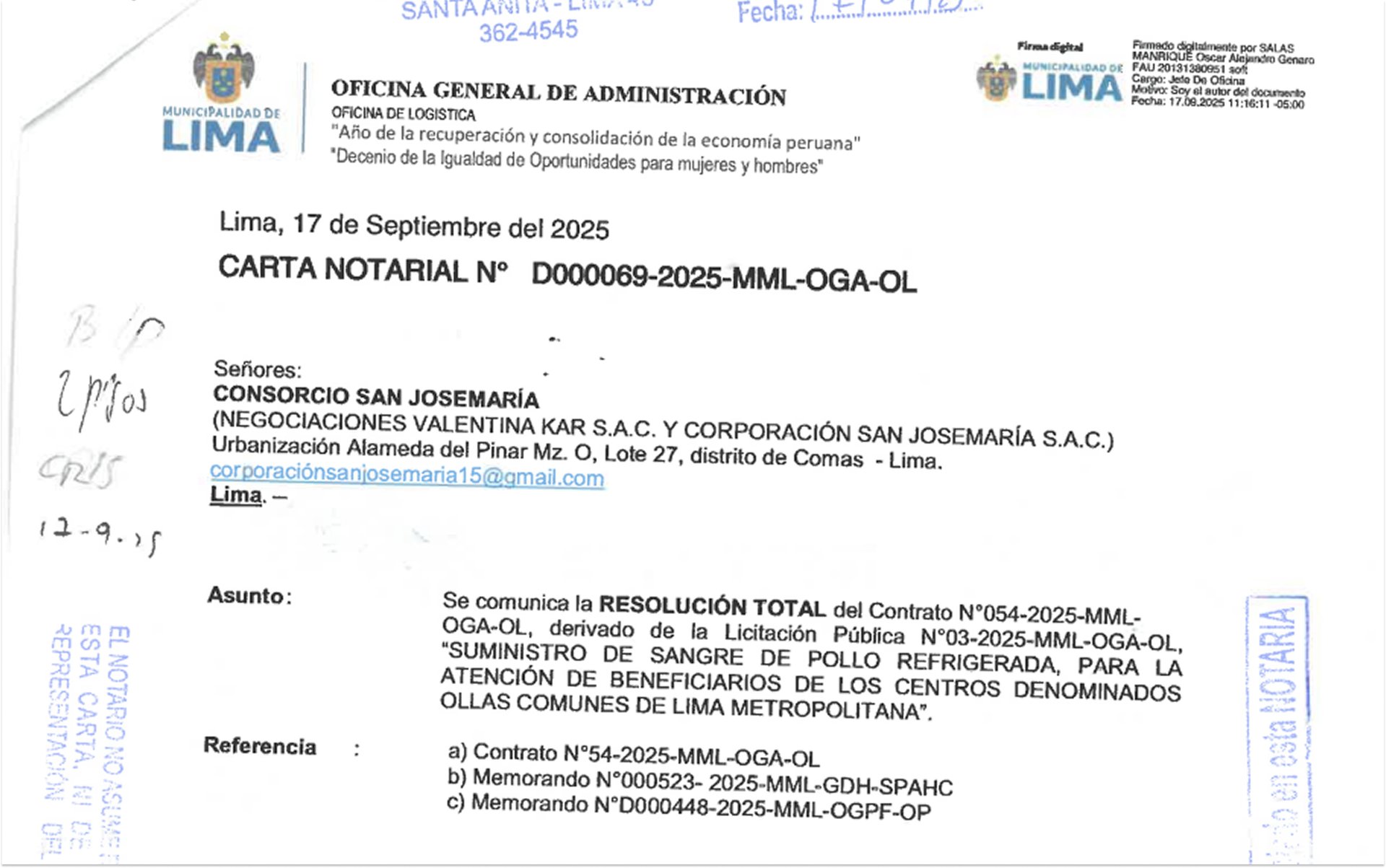 Resolución de Contrato MML  - Consorcio Josemaria- 1