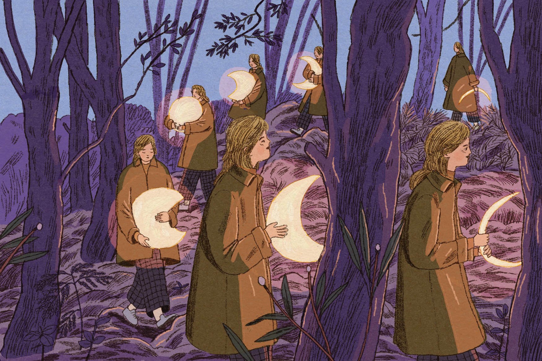 Una ilustración de siete versiones de la misma mujer con cabello color arena que lleva un abrigo marrón y camina por un bosque de noche. Cada una de las siete versiones tiene una luna brillante en una fase diferente, lo que sugiere un ciclo.