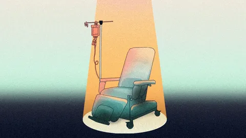 Ilustración de silla de quimioterapias vacía con un luz desde el techo