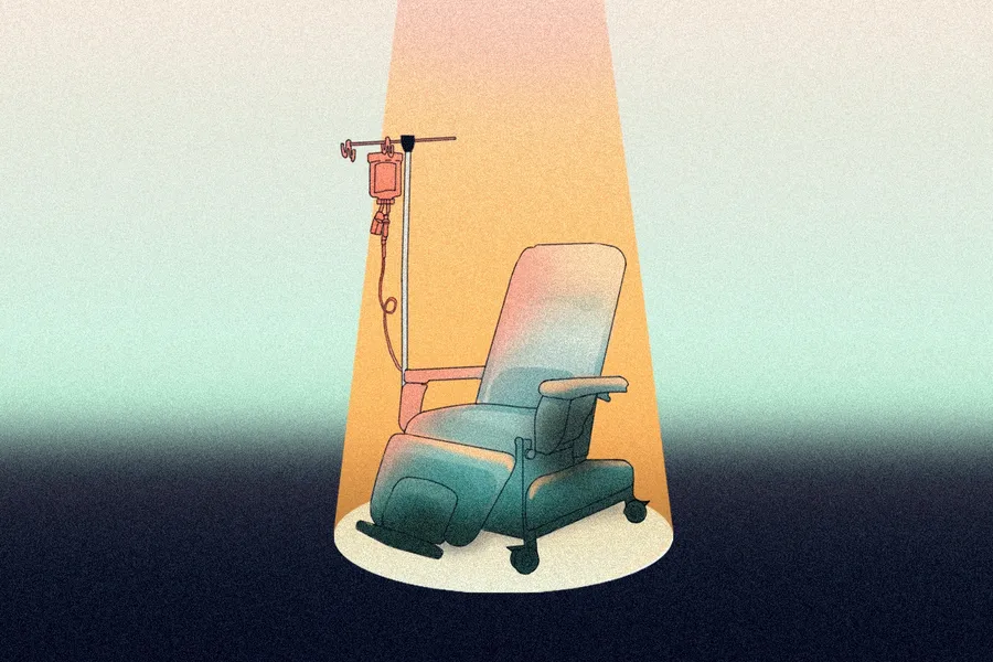 Ilustración de silla de quimioterapias vacía con un luz desde el techo