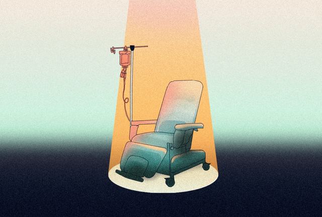 Ilustración de silla de quimioterapias vacía con un luz desde el techo