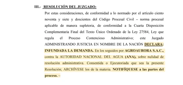 Sentencia que ratifica las sanciones de la Autoridad Nacional del Agua contra Agroaurora
