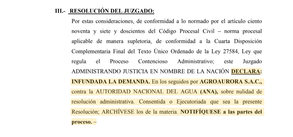 Sentencia que ratifica las sanciones de la Autoridad Nacional del Agua contra Agroaurora