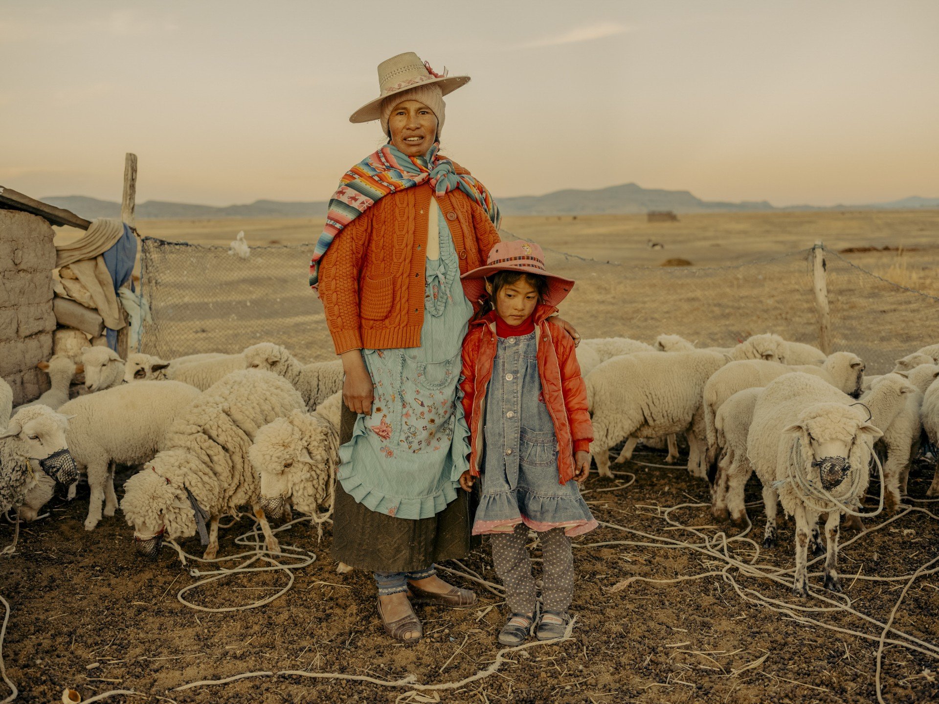 Mujer y niña vistiendo ropas tradicionales, paradas junto a su rebaño de ovejas sobre un pasto amarillento y seco.
