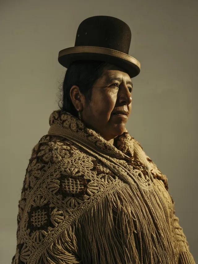 Retrato formal de estudio/iluminación dramática de una mujer andina vistiendo un sombrero de copa (bombín) y mantilla gruesa, con un perfil fuerte y digno frente a un fondo oscuro.