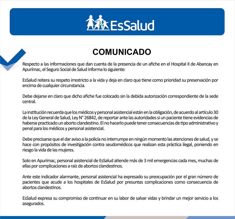 comunicado_hospital EsSalud Abancay_criminalización del aborto 2017