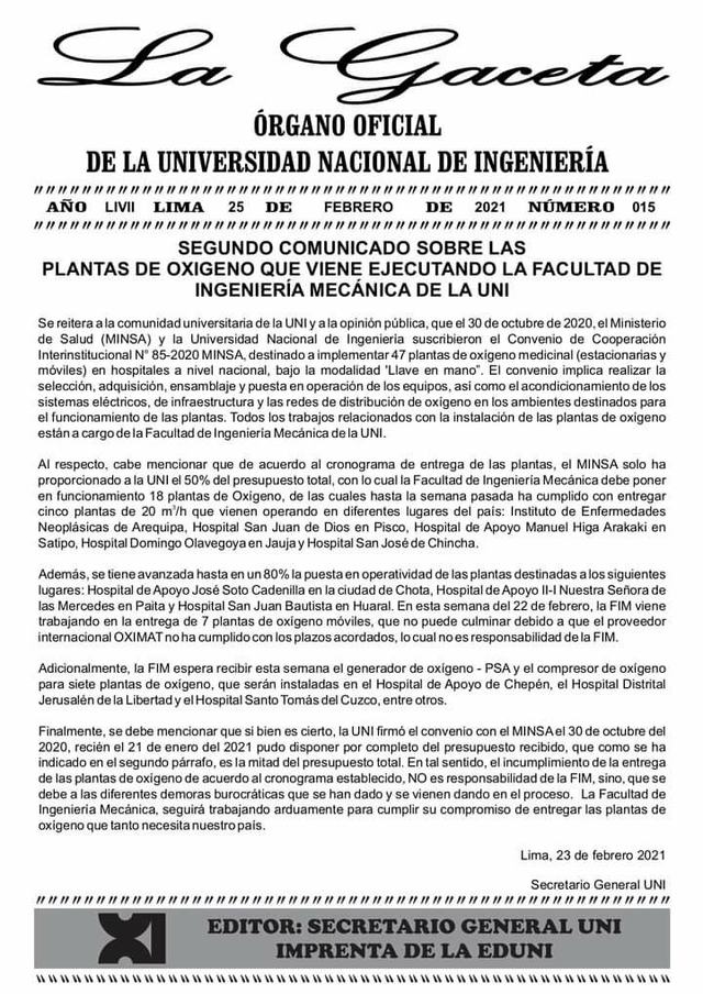 Pronunciamiento de la UNI