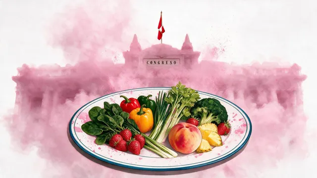 Ilustración de un plato de alimentos con el fondos la silueta en forma de humo del El Congreso con manchas de pesticidas.