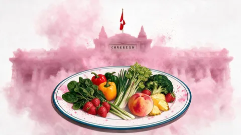 Ilustración de un plato de alimentos con el fondos la silueta en forma de humo del El Congreso con manchas de pesticidas.