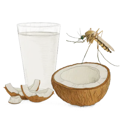 Ilustración de un vaso, un coco abierto y un mosquito.