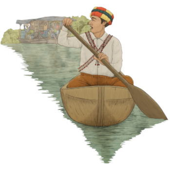 Ilustración de indígena awajún navegando en una balsa mientras observa a mineros ilegales en el río.