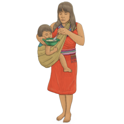 Ilustración de mujer awajún alimentado a su hijo.